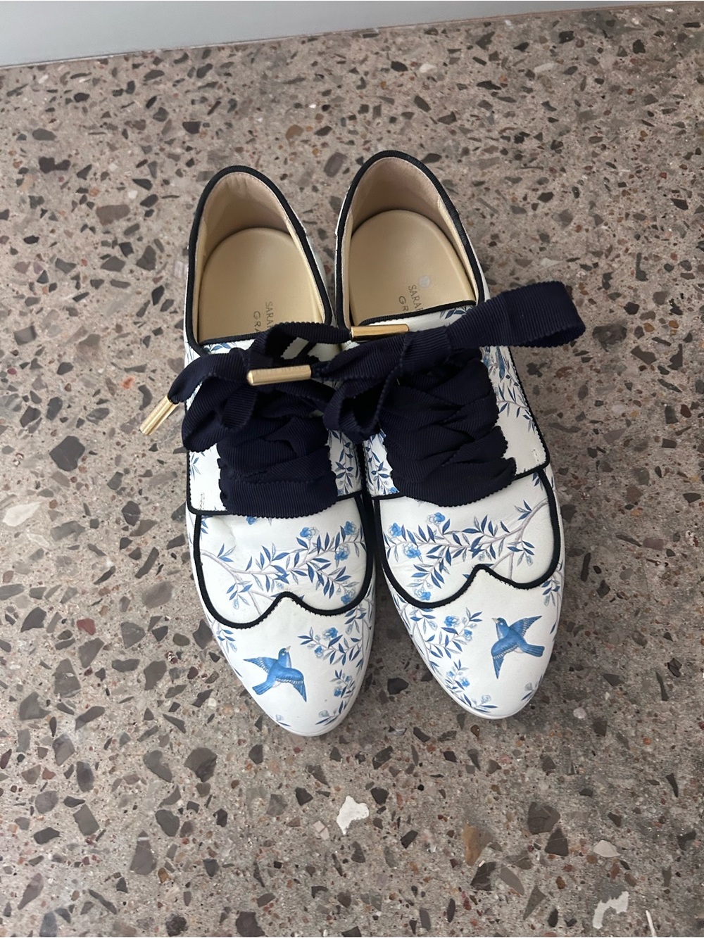 Sarah Flint White Leather Sneakers with Blue Bird Print